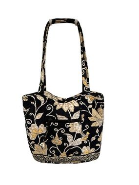 Vera Bradley Yellow Bird Morgan Black Quilted Tote with Gold Embroidery